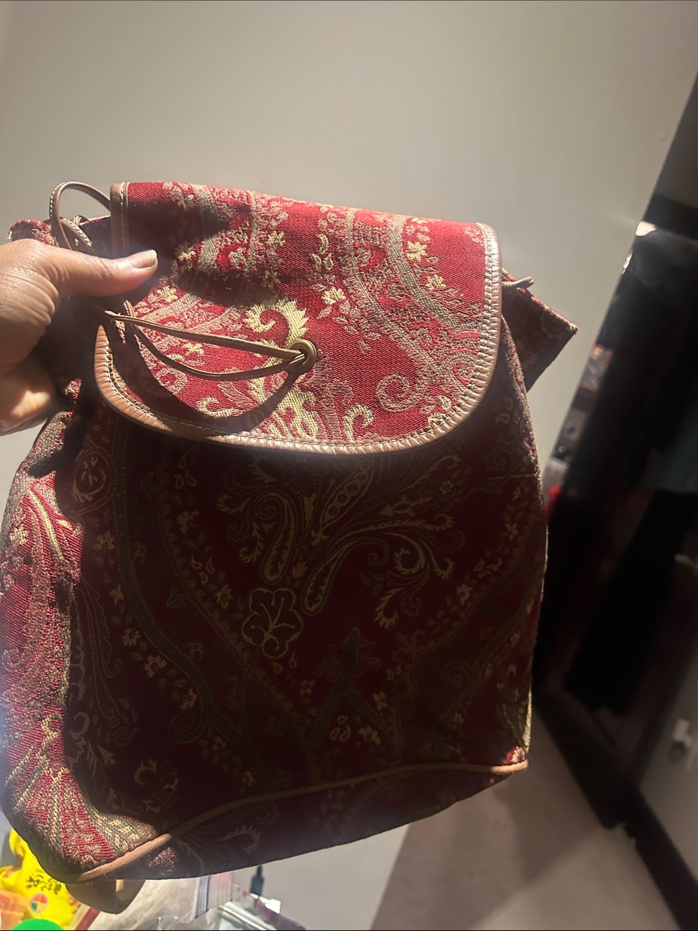 Laura Ashley Red Paisley Fabric Backpack with Brown Trim